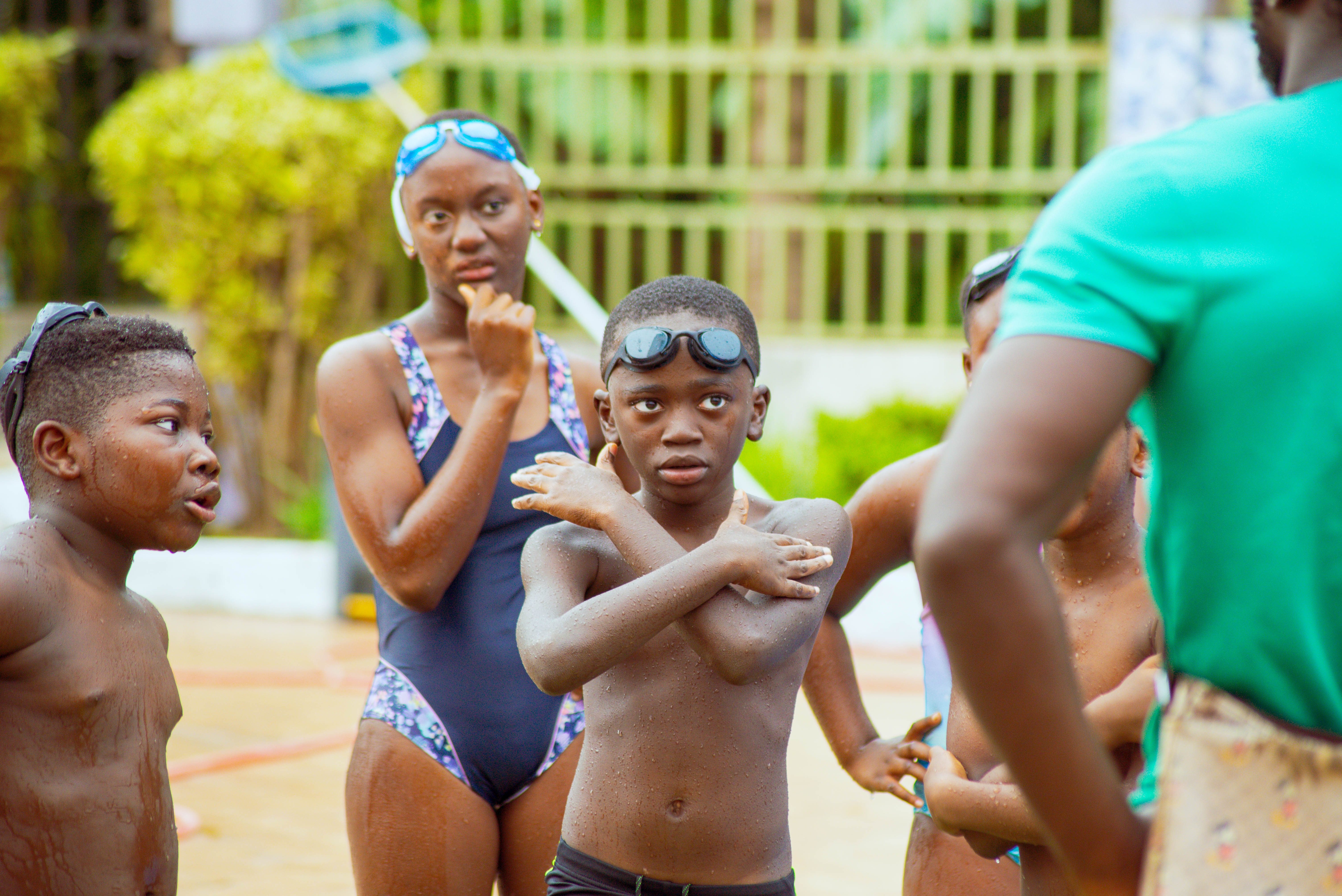 A group lesson at the poolside